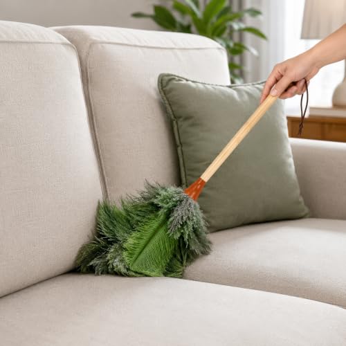 Image of 16inch Natural Good Ostrich Feather Duster with Bamboo Handle, Electrostatic Dust Remove for Ceiling,Fans,Bookshelves, Sofa, Windows, Fit for Home, Office and Cars Duster Green