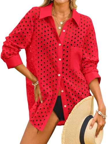 Fisoew Womens Hollow Out Swimsuit Coverup Shirt Button Down Bathing Suit Cover Ups Beachwear Red