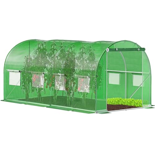 Gewächshaus Folientunnel 450x200x200 cm Foliengewächshaus Winterfest mit Bogendach Fenster UV-Schutz Tomatenhaus Groß Folie PE 140g Gartengewächshäuser Tomatendach Folientunnel Gewächshaus SPRINGOS