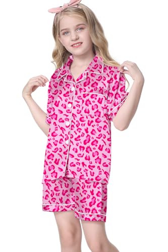 Image of Umeyda Women & Girls Pajamas Set, Soft Satin Lightweight Silk Button-Down Top with Shorts 2 Piece PJS for Mom Boys Kids Gifts