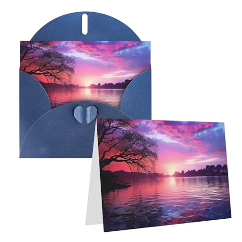 QMNEHJ グリーティングカード サンキューカード 封筒付き ブランクノートカード 4x6インチ バースデーカード 紫の夕日 水辺のウェディングカード お悔やみカード おもしろい 思考カード あらゆる機会に
