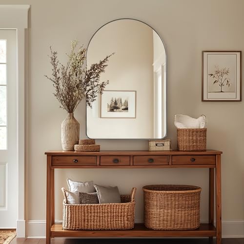 Image of ANDY STAR Arched Mirror, 24 x 36 Inch Brushed Nickel Bathroom Mirror with Stainless Steel Metal Frame, Arch Top Rounded Corner 1 Inch Deep Set Design Wall Mount Hangs Vertical