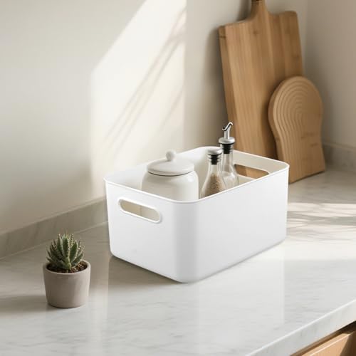MUNGHOK 6 Stück Weiß Aufbewahrungsbox mit Deckel Kunststoff, 26x18,5x16cm Plastikbox mit Deckel Weiß, Aufbewahrungskorb Rechteckig, Plastik Körbe Organizer für Schrank, Badezimmer, Büro, Küchen