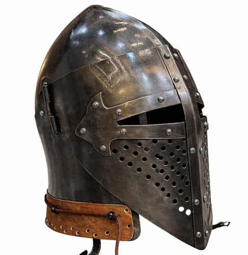 CREVORA Steel Medieval Crusader Helmet with Perforated Face Guard Handmade Knight Armor Replica | Adjustable Leather Fit | Cosplay LARP Renaissance Fair & Collector Display