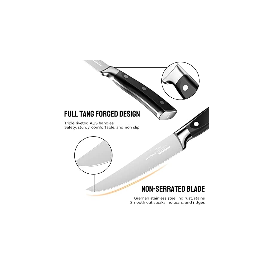 OAKSWARE Steak Knives, Non Serrated Steak Knife Set of 4, German Steel Steak Knife Set 5 Inch, 4 Pieces Professional Straight Edge Knives - Full Tang Ergonomic Handle