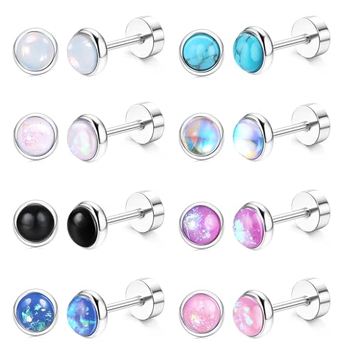 Chriscoco 8 Paires Boucles d'Oreilles Femme - Piercings Cartilage, Helix, Conch et Tragus en Acier Inoxydable avec Opales, Turquoises et Pierre de Lune -...
