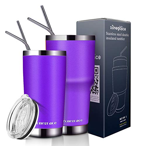 Zonegrace 2 Pack 20 oz and 30 oz Purple Tumbler with Straw Lid Travel Mug Gift Vacuum Insulated Coffee Tumbler Cup 18/8 Stainless Steel Water Tumbler