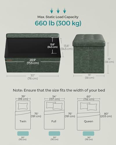 Image of SONGMICS Mazie Collection - 30 Inches Folding Storage Ottoman Bench, Ottoman with Storage, Foot Rest Stool, Load 660 lb, for Living Room, Synthetic Leather, Forest Green ULSF040C01