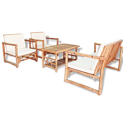 Salon de Jardin 4 pcs avec Coussins Bambou,Table Et Chaise en Rotin,Patio Furniture,Salon De Jardin Textilene