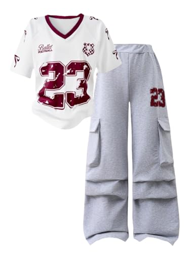 Image of Tween Girls Clothes Short Sleeve Graphic T-Shirt Top + Cargo Pants 2pcs Outfit Set, Size 7-15Years