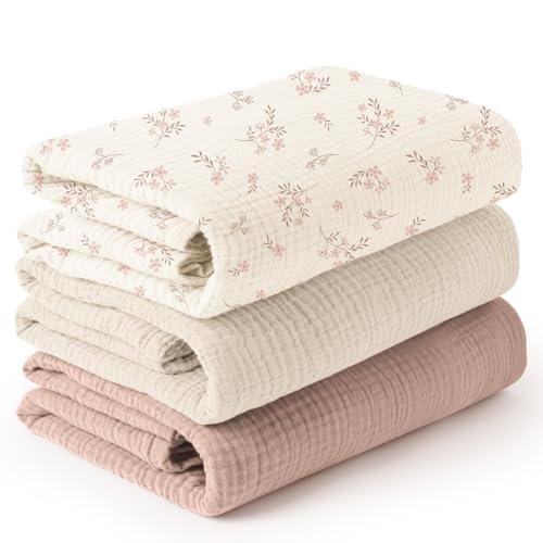 Image of Konssy 3 Pack Muslin Swaddle Blankets for Unisex, Newborn Receiving Blanket, Large 47 x 47 inches, Soft Breathable Muslin Baby Swaddles for Boys & Girls