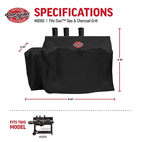 Char-Griller® 3-Burner Dual Fuel Expandable Propane Gas and Charcoal Outdoor Polyester Grill and Smoker Cover in Black, 29in x 65in x 49in, Model 8080 - Thumbnail 6