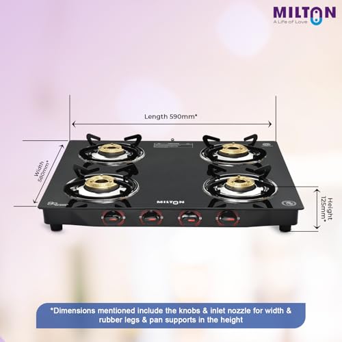 Image of MILTON Premium 4 Burner Black Manual Ignition Glass Top Gas Stove, (ISI Certified)