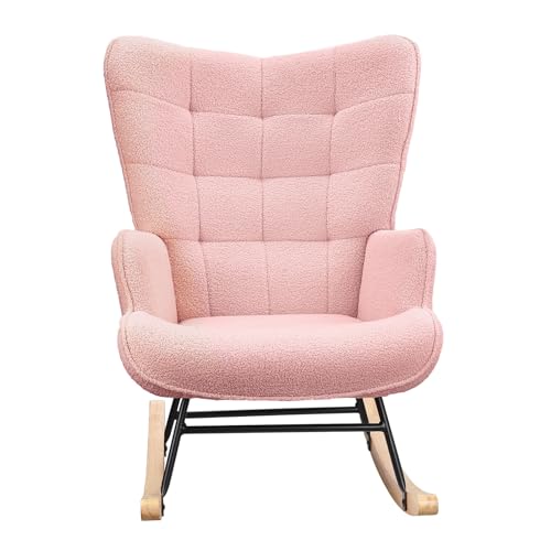 Mecedora de relax con fieltro sherpa, madera maciza y marco de metal, tela de peluche, con respaldo alto, asiento acolchado, hasta 130 kg, color rosa