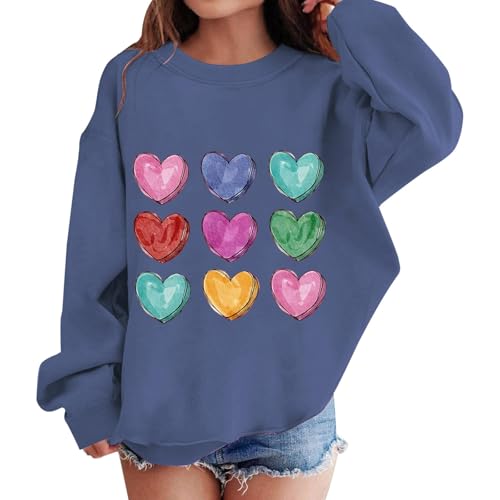 Girls Cute Sweatshirts Heart Print Oversized Teen Girls Graphic Sweat Shirts Valentine Tween Preppy Clothes Fall Winter Outfits Kids Pullover Sweater Long Sleeve Hoodies Navy Size 10-12 Years