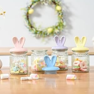 Glass Easter Candy Jars with Ceramic Bunny Ear Lids 4Pcs Sealing Bunny Jars in Pastel Colors for Storage Mini Eggs Cookies Tray Table Centerpiece Kitchen Home Spring Decor