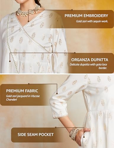 Image of Amazon Brand - Myx Women's Embroidered Anarkali Kurta Set with Organza Dupatta in Chanderi Blend (Available in Plus Sizes)