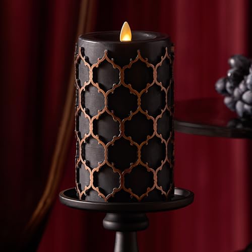 Image of Luminara Black Embossed Fretwork 3.5 inch x 6.5 inch Pillar, AA Battery Operated w /Timer Function, Flickering Flameless LED Light Real Wax Candle for Indoor Home Decoration, for Dining Room Table Centerpiece