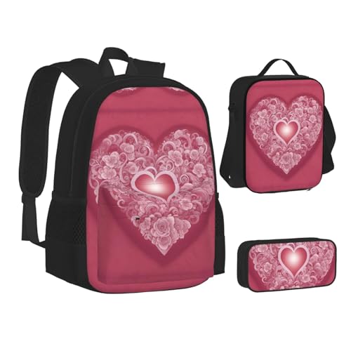 nanger Romantic Heart Print 3-Piece Set Backpack, Lunch Bag And Pencil Case, For Travel, College, And Daily Use2