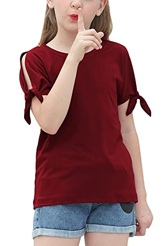 GORLYA Girl's Cut Slit Sleeve Tie Knot Cuff Stripe Tunic T-Shirt Casual Pullover Top for 4-14T Kids
