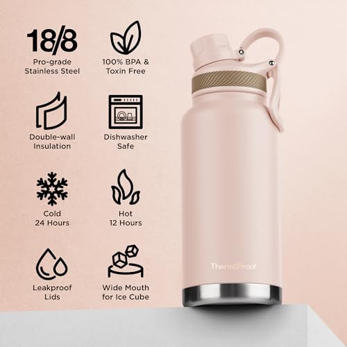Image of ThermoProof Double-Walled Vacuum Insulated Stainless Steel Water Bottle - Wide Mouth Canteen, Spout & Straw Lids, Dishwasher Safe, Reusable, Leakproof, Hot & Cold for Men, Women & Kids - 32oz, Taupe