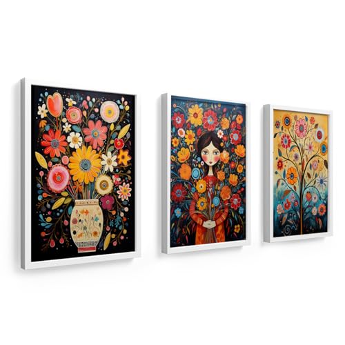 Trio de quadros 18x24 cm, moldura em madeira e vidro, flores mexicanas, árvore da vida, mulher flori