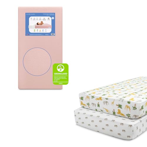 Image of Delta Children Twinkle Stars Breathable Baby Bed Crib Mattress and Toddler Mattress, Pink + Delta Children Fitted Crib Sheets for Girls and Boys (Pack of 2), Safari Friends (Bundle)