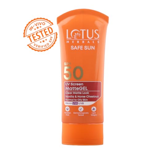 Image of Lotus Herbals Safe Sun UV Screen Matte Gel Sunscreen SPF 50 PA+++ | In Vivo Tested | Broad Spectrum UV Protection | Matte Finish | No White Cast | Normal to Oily Skin | For Women and Men | Paraben & Cruelty Free | 100g (Pack of 2)