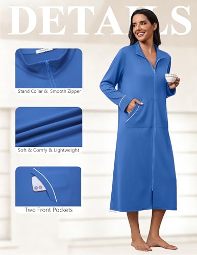 Image of Ekouaer Zipper Robes for Women Long Sleeve Lightweight House Coats with Pockets Zip Up Bathrobe Loungewear S-3XL