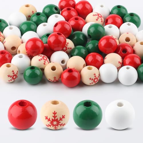 80 PCS 16mm Christmas Wooden Beads Red & Green Snowflake Wood Beads for Holiday Garland Tree Ornaments Wreaths & DIY Festive Crafts