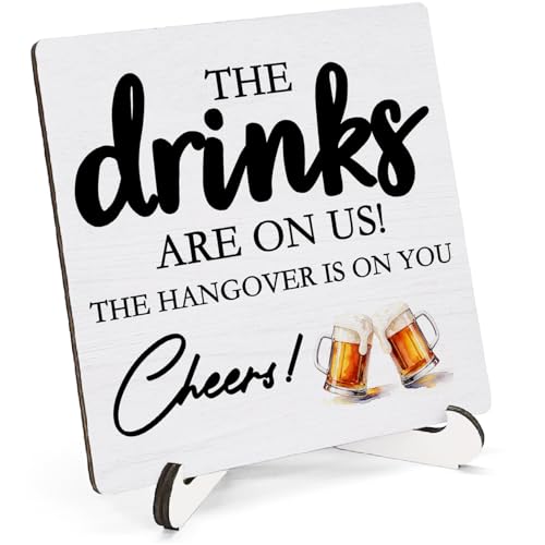 HSIASHENG Funny Bar Wooden Sign Desk Decor, Beer Lover Drinker Gifts, the Drinks Are on Us Wood Plaque Sign With Stand for Bar Pub Home Kitchen Desk Table Shelf Decoration, 5x5 Inch