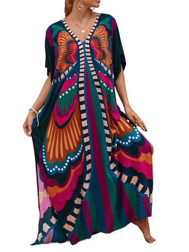 Chunoy Women Casual V Neck Kaftan Dress Kimono Sleeve Bathing Suit Beach Cover Up Caftan Side Split Dresses