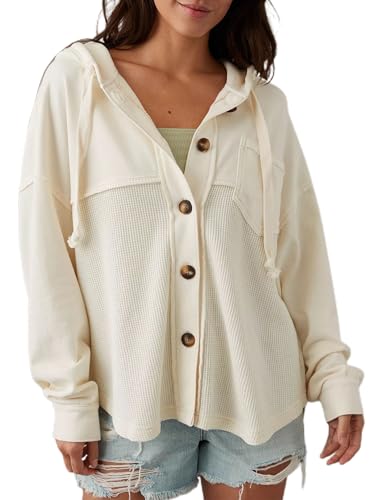 YEMOCILE Women’s Waffle Knit Hooded Shacket Oversized Long Sleeve Button Down Stitching Jacket Coat Outfits - Main Image