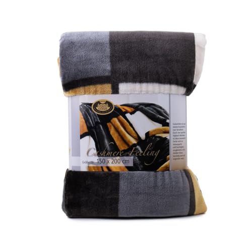 Gözze - Weiche Kuscheldecke, Cashmere Feeling, Hohes Stoffgewicht 500 g/m², Antigua, 150 x 200 cm - Senf/Schwarz/Weiß