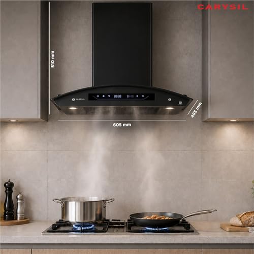 Image of Carysil Curvantis SilentX 60 cm BLDC Motor Kitchen Chimney, Curved Shape, 1800 m /hr Suction, Auto-Clean Filterless, 9+ Turbo & Gesture Control, LED Lamp, 12-Year Warranty - Black