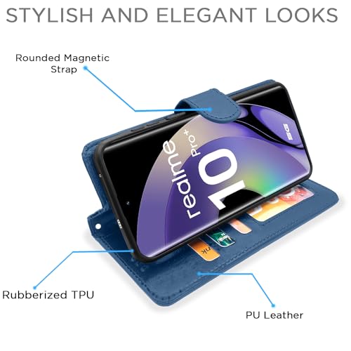 Image of Pikkme Realme 10 Pro Plus 5G Flip Cover Leather Finish | Inside TPU with Card Pockets | Wallet Stand and Shock Proof | Complete Protection Flip Case (Blue)