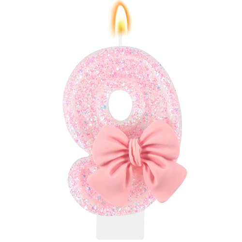 IDIJOLI Pink Birthday Candle Bow Number 9 Candle Cake Topper Cupcake Decor 9th Birthday Party Decorations Anniversary Celebrations Supplies Favors