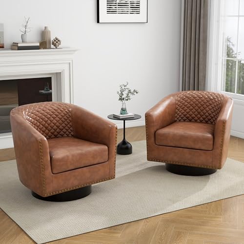 UIXE Faux Leather Swivel Accent Chairs Set of 2, Barrel Club Chair Modern Upholstered Armchair for Living Room, Comfy Single Sofa Bedroom Side Reading Seat, Brown