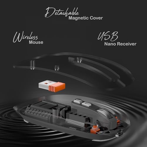 Image of GEONIX Crystal Rechargeable Wireless Mouse, Dual Mode (2.4GHz + BT), Dual Bluetooth, Noiseless, Ultra Slim, 5 Buttons, Adjustable Upto 2400 DPI for MacOS, Desktop, Laptop (Black Base)