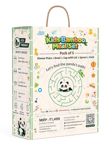 Image of Bamboo Kids Feeding Set of 5 | Made of Bamboo | Kids Crockery Set Tableware |Baby Utensils and Dishes Set | Eco-Friendly |Organic & Natural (Playful Panda)