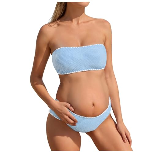 Traje de baño para mujer de dos piezas maternidad bikini conjunto de 2 piezas grande sexy reúnen Swimwear Tankini cintura embarazada alta playa natación, azul, L