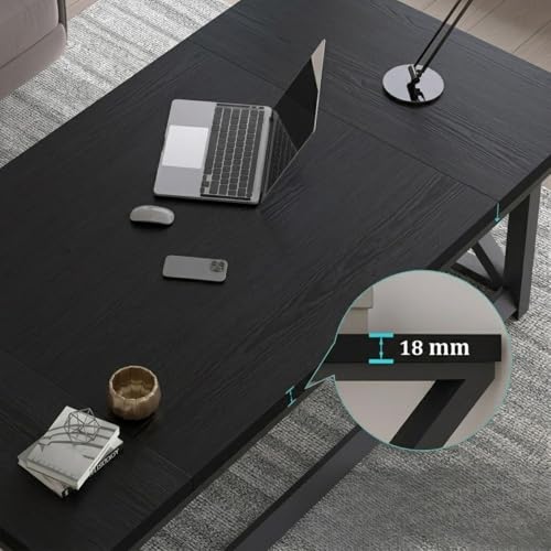 Image of Modern Industrial Computer Desk | Extra Long, Home Office Study Writing Table | Wooden Workstation with Metal Frame | Executive Gaming Desk | Black | 160x80x75 cm