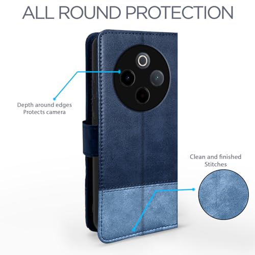 Image of Amazon basics Flip Cover for Vivo T4 5G / iQoo Z10 5G | Wallet Style & Stand | Dual-Tone PU Leather Finish | Magnetic Flip Case (Navy & Light Blue)