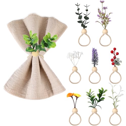 MWOOT 8 peças guardanapos de folhas flores artificiais, anéis guardanapos boho plantas falsas, guardanapos de eucalipto lavanda baga para casamentos Natal Páscoa decoração de mesas