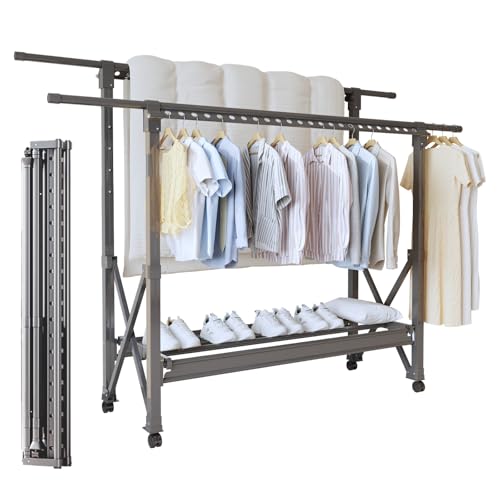 YASICA 物干しスタンド ハンガーラック パイプハンガーラック 洗濯物干し 折りたたみ式 縦横伸縮 室内物干し 布団干しスタンド 靴乾燥ラック 洗濯ハンガー 耐荷重160kg 大容量 48 個の防風用フック穴があり 省スペース 洗濯室 バックヤード 屋