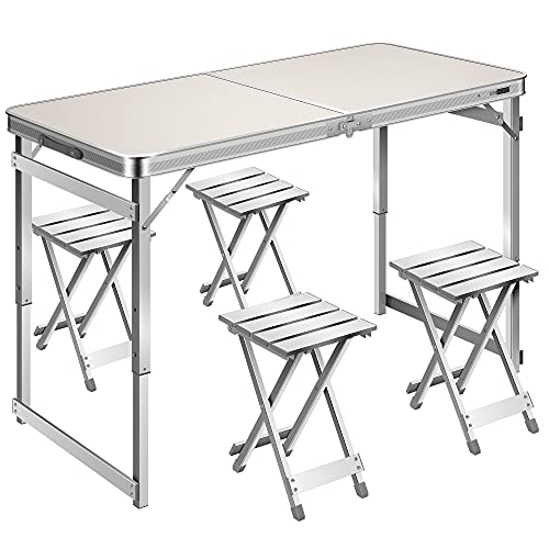 VIVOHOME 4 FT Aluminum Portable 3 Adjustable Height Folding Picnic Table with 4 Stools Set...