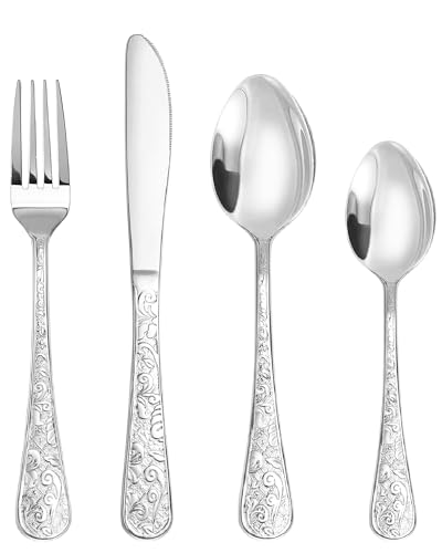 SHEUMNT Set Posate 24 Pezzi Stile Vintage Argento, Servizio per 6 Persone, Posate in Acciaio Inox con Intagli Decorativi, Set Completo Coltelli/Forchette/Cucchiai per Casa e Cucina