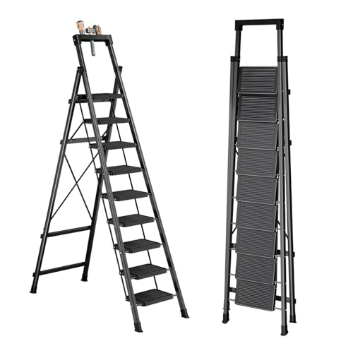 9 Step Ladder with Tray,330lbs Capacity Portable Step Stool for Adults,Heavy Duty Step Ladder Wide Anti-Slip Stury Steel Folding Step Stool Used for Office,Garage,Kitchen & Painting