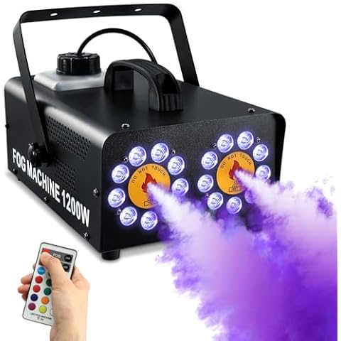 TCFUNDY 1200W Fog Machine with 18 LED Lights, Dual Spray Horizontal LED Smoke Machine for Halloween, 10 Light Effects Fog Maker with Remote Control Cover