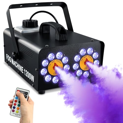 TCFUNDY Máquina de neblina de 1200 W com 18 luzes LED, máquina de fumaça de LED horizontal com spray duplo para Halloween, 10 efeitos de luz com controle remoto